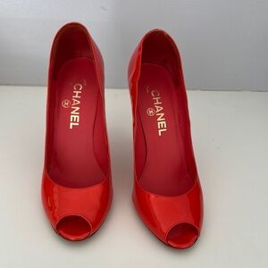 CHANEL Red Stiletto Heels Peep-Toe Elegance